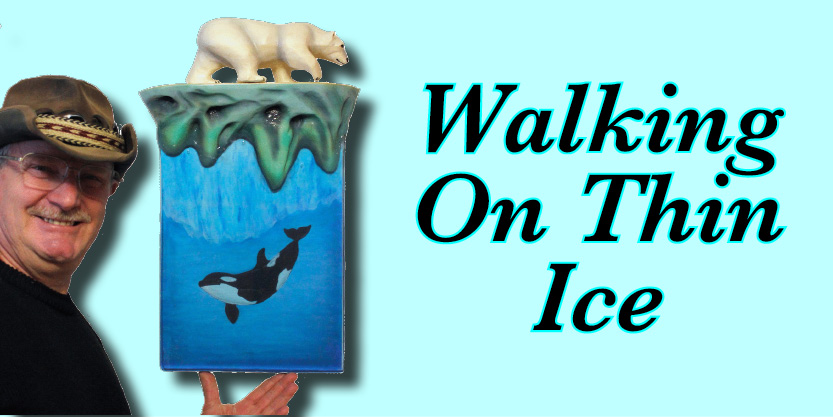 Walking on thin ice, climate change art, art, woodcarving, go green, polar bear.
